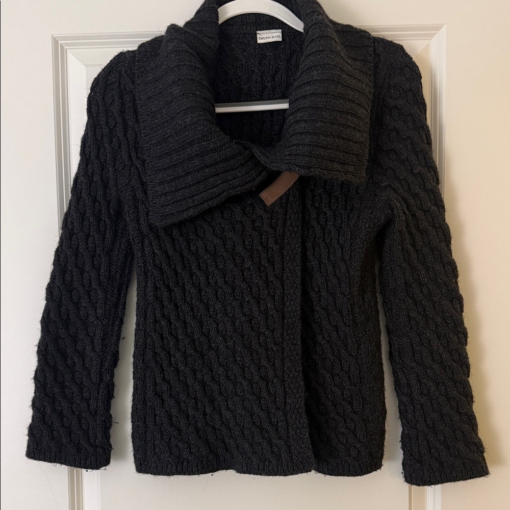 Celtic & Co Black Cable Knit Wool Sweater with Shawl Collar women’s Small